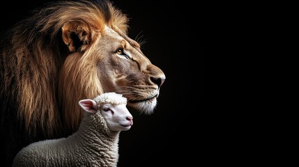 Naklejka premium A lion's fierce profile paired with a lamb's gentle gaze, isolated on a black backdrop, symbolizing peace and protection.