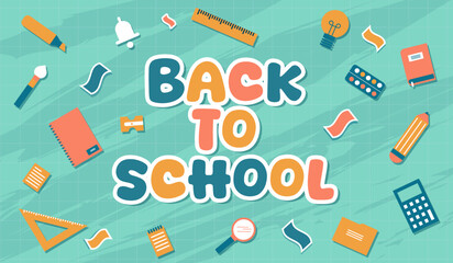 Back to school - back to school - Colorful vector banner to illustrate the return to school of students - School supplies and various objects - Blue background - Modern and editable title 