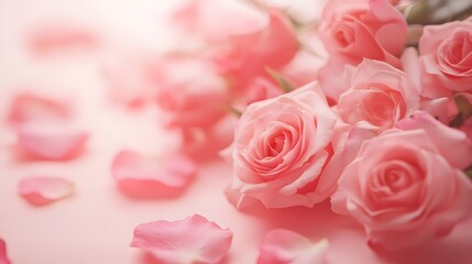 Obraz premium Delicate pink roses on soft pink background, floral arrangement, pastel colors, romantic composition, rose petals scattered, fresh blooms, gentle lighting, Valentine's Day theme.