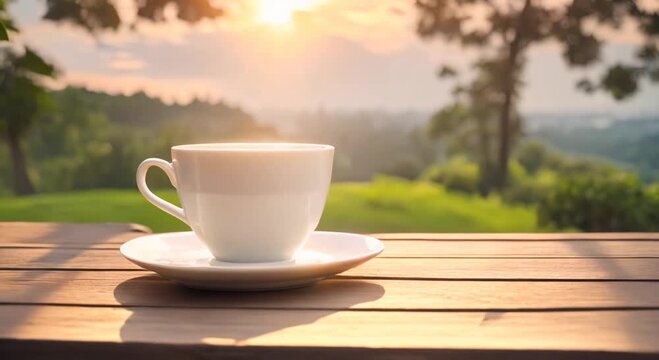 Cup of tea on the table with a view of the tea garden at sunrise Seamless looping time lapse video animation background 4k animation