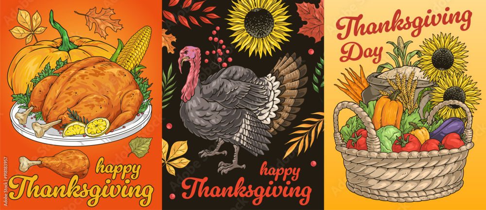 Poster happy thanksgiving vintage flyer colorful