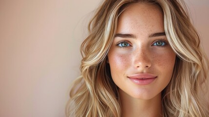 Naklejka premium Blonde Beauty: Smiling Young Woman with Long Hair for Hair Care and Salon Banner Template on Pastel Background