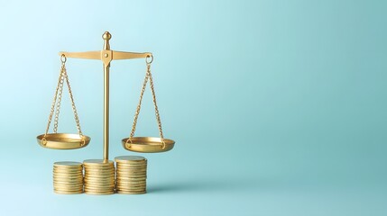 Golden balance scale, stacks of gold coins, light blue background, financial equilibrium, wealth concept, minimalist composition, studio lighting metallic sheen, precise symmetry.