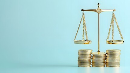 Golden balance scale, stacks of gold coins, light blue background, financial equilibrium, wealth concept, minimalist composition, studio lighting metallic sheen, precise symmetry.