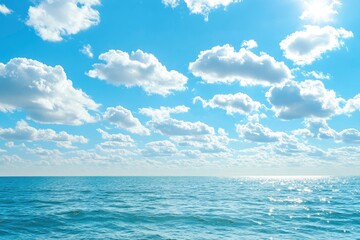 Fototapeta premium Panorama of clear sky background for summer vacation concept at ocean and summer sea water with sunlight of beautiful cloudy sky with generative ai