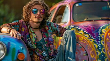 Portrait of a man in a hippie style next to his colorful car from the 1970s.