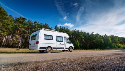 Fototapeta premium Parking a camper van by a beautiful lake.