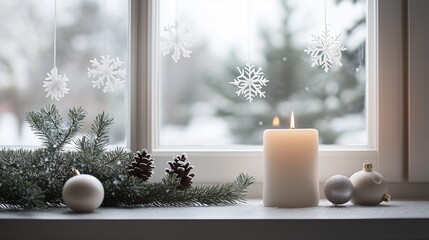 窓辺のクリスマスディスプレー、シンプルで美しい