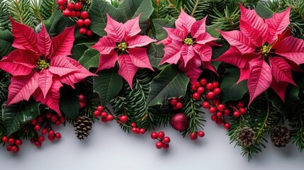 Festive Christmas Decoration Frame with Red Poinsettia Flowers and Tree Branches