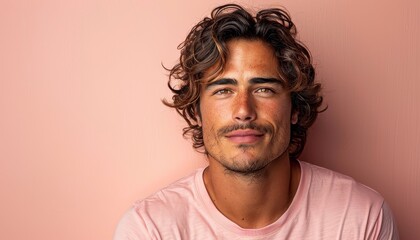Obraz premium beautiful Hispanic man in light pink t-shirt on light peach background