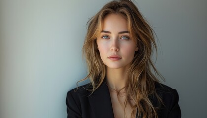 Fototapeta premium beautiful young business lady in black blazer with long hair on light background
