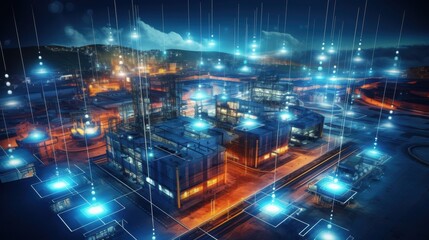 Obraz premium Modern factory, communication network. Telecommunication. IoT, Internet of Things, ICT, Information communication Technology,. Smart factory. Digital transformation, cloud connecting, generate by AI
