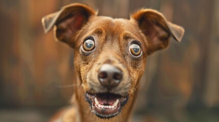 Young crazy surprised dog make big eyes closeup. surprised dog funny face big eyes. Young dog looking surprised and scared. Emotional surprised wide big eye dog at home, high quality photo