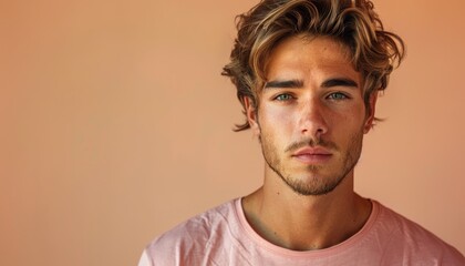 Fototapeta premium beautiful caucasian man in pink t-shirt on light peach background, male portrait, copy space
