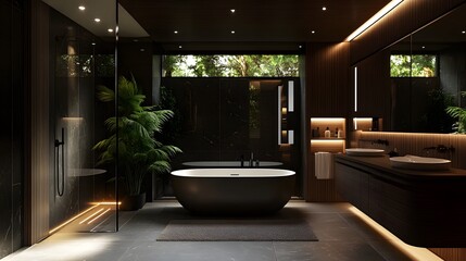 Fototapeta premium Luxurious dark bathroom, moody lighting, deep wood tones, sleek modern design, freestanding bathtub, floating vanity, backlit mirror, glass shower enclosure, ambient LED lighting.