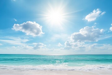 Fototapeta premium Panorama of clear sky background for summer vacation concept at ocean and summer sea water with sunlight of beautiful cloudy sky with generative ai