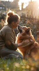 Cheerful woman cuddling her beloved dog in sunny backyard exuding joy and companionship