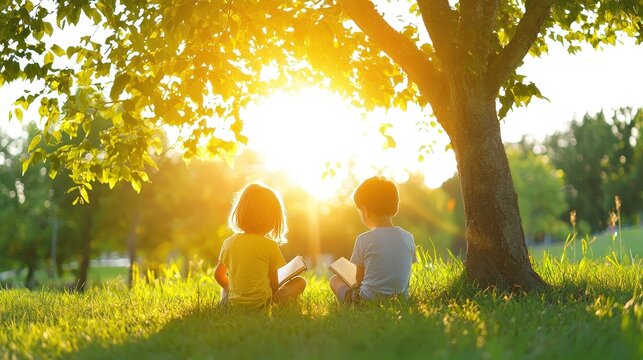 Children reading books under a tree in a peaceful park - Powered by Adobe