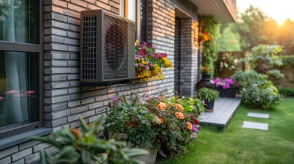 Fototapeta premium Sustainable Home Heating: Air Source Heat Pump Installation for Clean Energy in Residential Buildings