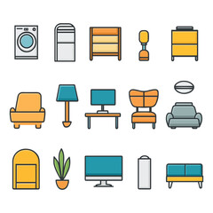 furniture icon set , modern hand drawn graphics sofa, chair, table, bed, lamp, wardrobe, desk , computer isolated vector icon illustration