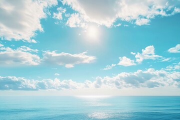 Fototapeta premium Panorama of clear sky background for summer vacation concept at ocean and summer sea water with sunlight of beautiful cloudy sky with generative ai