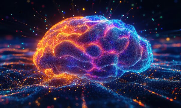 digital brain illuminated with streams of colorful data
