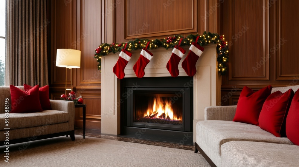 Wall mural sophisticated hotel lounge area with a roaring fireplace, decorated with Christmas stockings, garlands, and lights, guests relaxing 