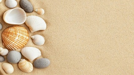 A collection of sea shells and pebbles scattered on soft, golden sand, creating a serene beach atmosphere.