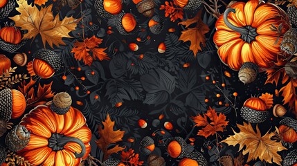 Fototapeta premium Seamless pattern of festive pumpkins and autumn acorns, great for Halloween digital backgrounds