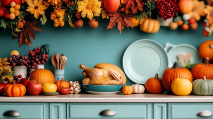 Top view of a 1950s-inspired Thanksgiving kitchen with vintage appliances, fall decorations, and a...