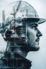 Engineering,  A male engineer in a hard hat blends with a bustling construction site in a double exposure, showcasing cranes and blueprints surrounding him, emphasizing his role in