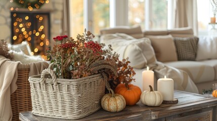 Autumn coziness: Warm home decor with pumpkins, basket, candles, and flowers in the living room.