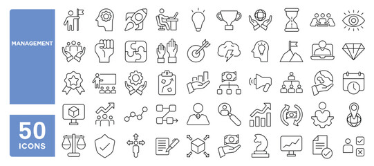 Set of 50 line icons related to management, organization, business, strategy, training, planning, manager, employee, Editable stroke. Vector illustration