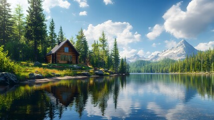 Naklejka premium Serene lakeside cabin, bright sunny day, crystal clear water, perfect reflection, lush pine forest, vibrant green foliage, wooden log house, tranquil atmosphere, panoramic view, landscape.