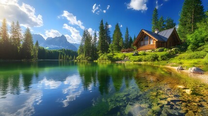 Fototapeta premium Serene lakeside cabin, bright sunny day, crystal clear water, perfect reflection, lush pine forest, vibrant green foliage, wooden log house, tranquil atmosphere, panoramic view, landscape.