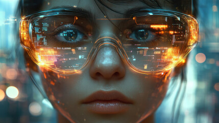 Cybernetic Vision,  A close-up of an individual in high-tech glasses, surrounded by swirling digital data and glowing circuits. Their focused expression hints at deep concentration,