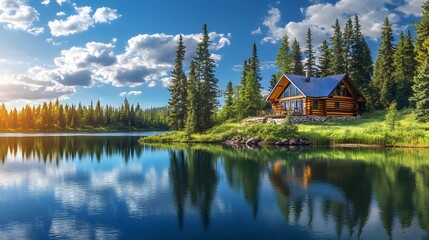 Fototapeta premium Serene lakeside cabin, bright sunny day, crystal clear water, perfect reflection, lush pine forest, vibrant green foliage, wooden log house, tranquil atmosphere, panoramic view, landscape.