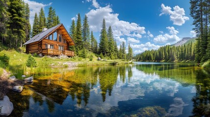 Obraz premium Serene lakeside cabin, bright sunny day, crystal clear water, perfect reflection, lush pine forest, vibrant green foliage, wooden log house, tranquil atmosphere, panoramic view, landscape.