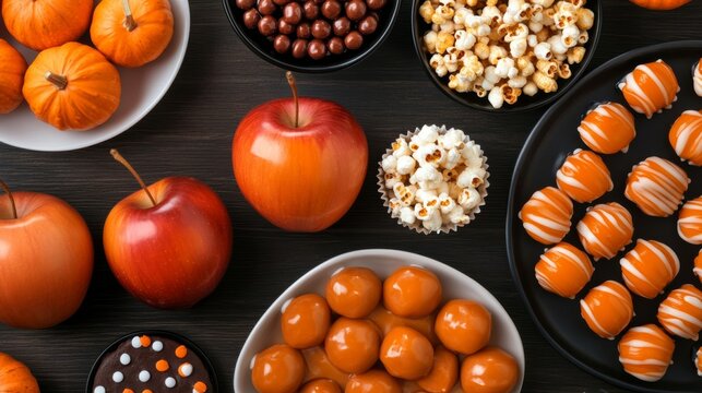 Top view of a retro Halloween party spread with classic treats like caramel apples, popcorn balls, and vintage decorations, on a wooden table - Powered by Adobe