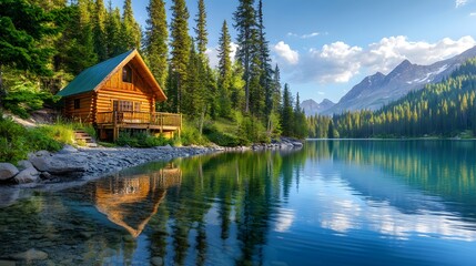 Fototapeta premium Serene lakeside cabin, bright sunny day, crystal clear water, perfect reflection, lush pine forest, vibrant green foliage, wooden log house, tranquil atmosphere, panoramic view, landscape.