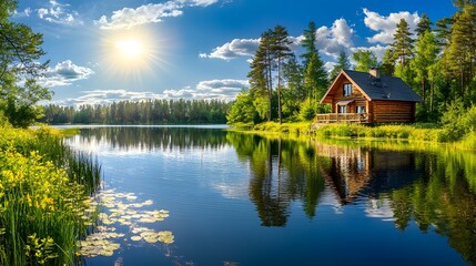 Fototapeta premium Serene lakeside cabin, bright sunny day, crystal clear water, perfect reflection, lush pine forest, vibrant green foliage, wooden log house, tranquil atmosphere, panoramic view, landscape.
