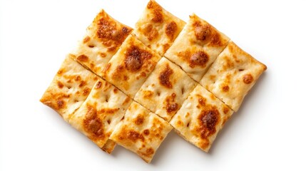Fototapeta premium Top view of a traditional Turkish gözleme, a savory stuffed flatbread cut into squares, isolated on white background 