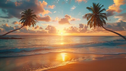 Tropical Sunset with Palm Trees and Golden Sands