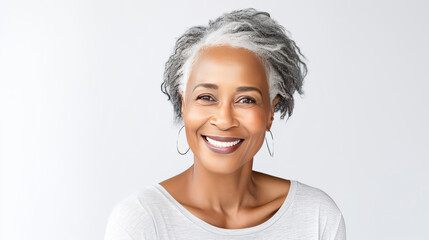 Elegant, elderly pensioner, chic African American woman with gray short hair, white background, banner.