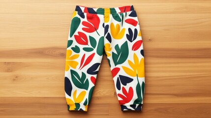 Obraz premium Top view of sweatpants with a unique graphic print along the leg, laid out flat on a wooden surface, showcasing vibrant design 