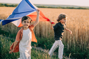 Cute Little Boys - French Patriot Kids Running With National Flag On Open Area