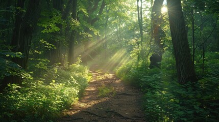 Obraz premium Sunlight Filtering Through Lush Green Forest Trees Illuminating a Serene Pathway