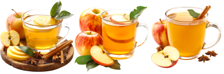 Set of 3 Hot Apple Cider on a Transparent Background, drink, beverage, coffee, hot, ice, cocktail, alcoholic, smoothie, party, bar, juice, pub, png file, cut off bg, 300 dpi