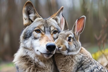 Obraz premium A wolf taking a selfie with a rabbit