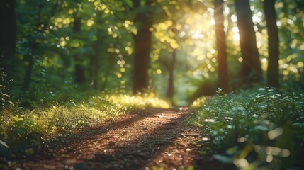 Obraz premium Sunlit Forest Path with Lush Greenery and Trees in a Serene Natural Setting